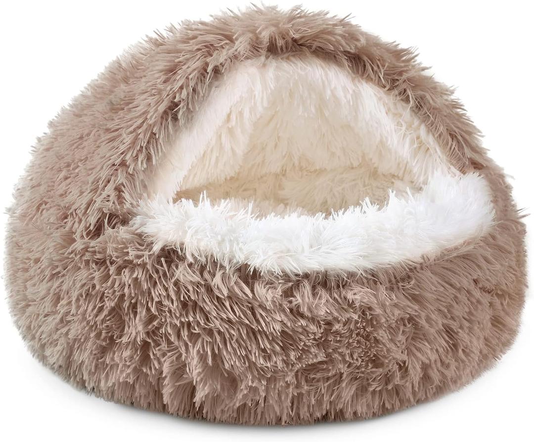 NOYAL Round Hooded Donut Dog Bed for Small & Medium Pets - Plush Fluffy Anti-Anxiety Cat Cave Bed with Cover (Large 27.5'', Brown)