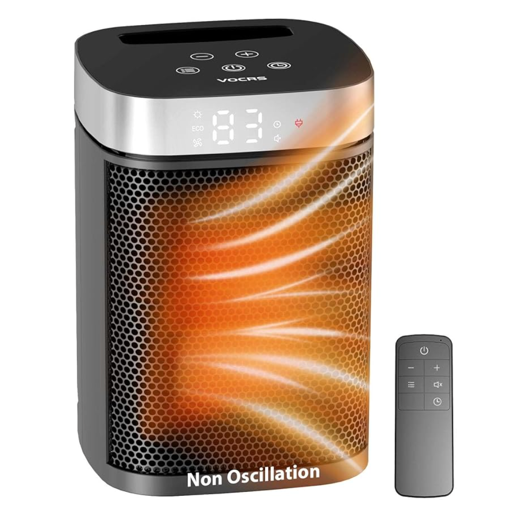 Small Portable Space Heater for Indoor Use  VOCRS 1500W PTC Electric Heater with Thermostat, Remote Control, 12H Timer, Eco and Fan Mode, Rapid and Safe Heating for Bedroom, Office