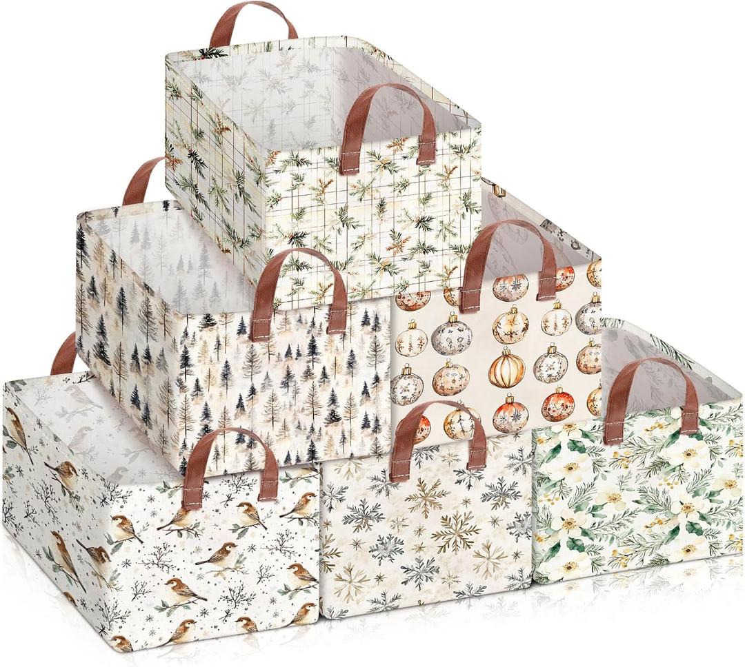 Boao 6 Pack Neutral Winter Storage Baskets for Gifts Empty Collapsible Large Christmas Storage Gift Bins Canvas Laundry Containers Foldable Box with Handle for Office Home Bedroom Clothes