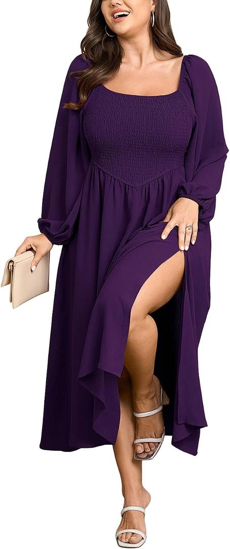 SCOMCHIC Women's Plus Size Fall Dresses Long Sleeve Square Neck Smocked Flowy A-Line Formal Wedding Guest Maxi Dress (XXL)
