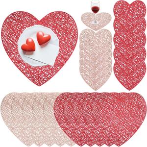 Layhit 20 Pcs Valentine's Day Heart Placemats and Coasters Set Include 10 Love Placemats 10 Heart Coasters Vinyl Washable Valentines Table Decorations for Wedding Anniversary Party (Red, Gold)
