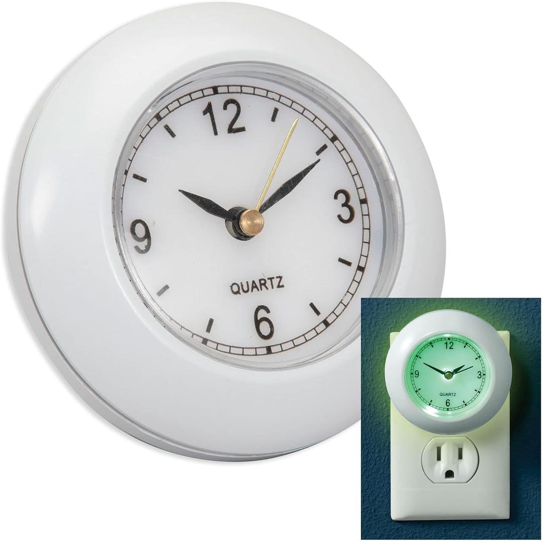 Bits and Pieces Plug in Night Light with Clock - Glow in The Dark, Bathroom Night Light, Battery Backup, Energy Efficient, 3" Analog Clock Face High Visibility - Nightlight for Kids Room