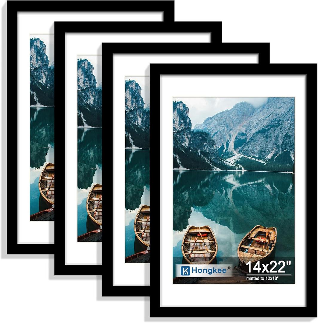 Hongkee 14x22 Picture Frame Set of 4, 14 x 22 Black Wood Style(Mat 12x18), 14X22 in