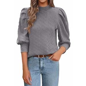PRETTYGARDEN Womens Puff 3/ 4 Sleeve Tops 2025 Trendy Spring Summer Mock Neck Texture Knit T Shirts Work Casual Dressy Blouses (Grey, S)