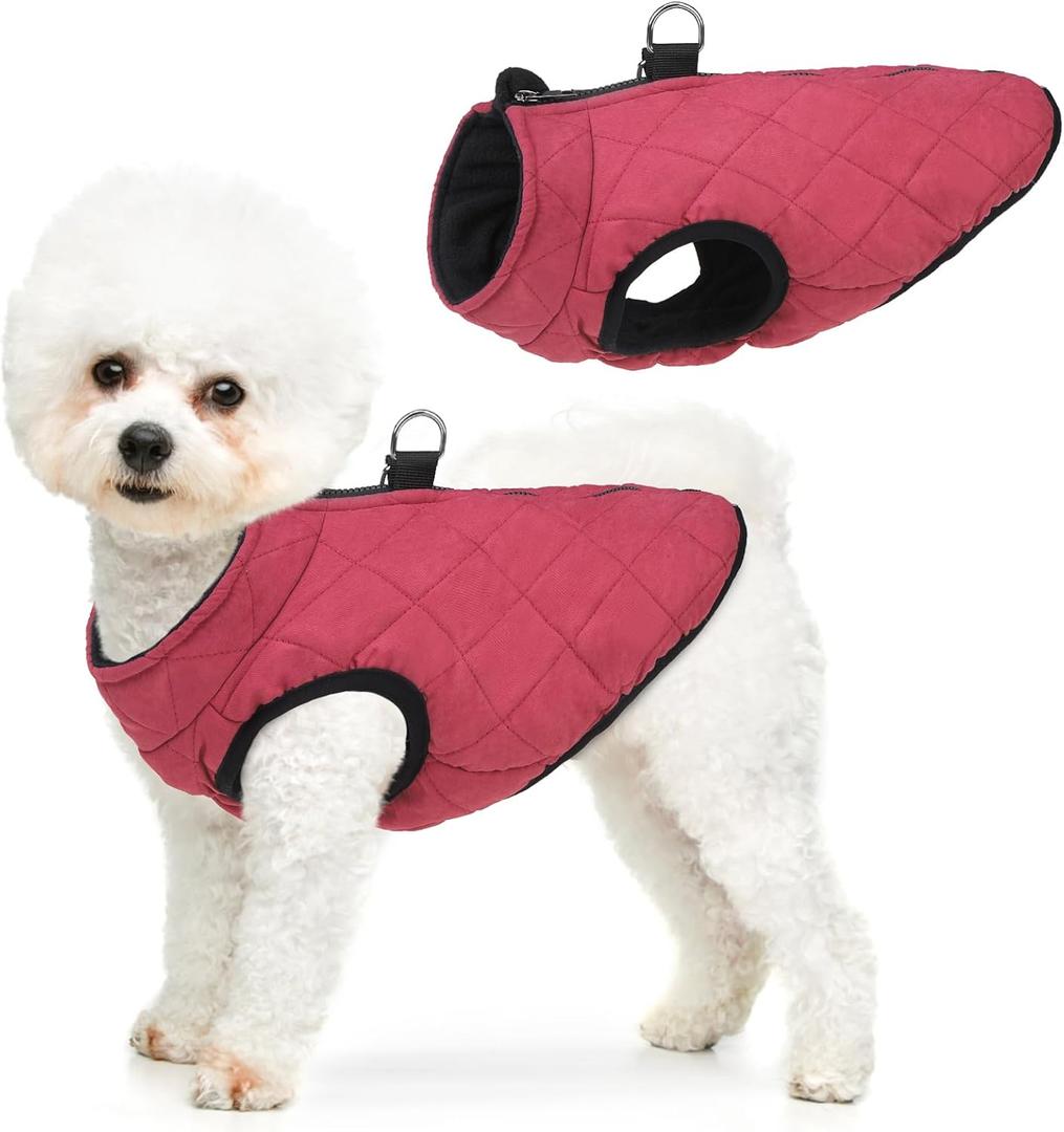 SCENEREAL Winter Dog Vest Coat with Built-in Harness, Warm Puppy Jacket for Small to Medium Dogs, Cold Weather Coat with Zipper, Fleece Puffer Vest, Windproof Snow Clothes (M(Chest 16.5"), #1 Red - Matte)