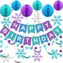 meowtastic Frozen Birthday Party Decorations - Happy Birthday Banner with Honeycomb Balls, Snowflake Hanging Swirls Streamers, Circle Dots Garland Decorations - Birthday Decorations for Boys Girls