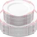 100 PCS White and Rose Gold Plastic Plates for 50 Guests, Rose Gold Disposable Plates Include 50 PCS Dinner Plates, 50 PCS Dessert Plates for Party, Wedding and Baby Shower