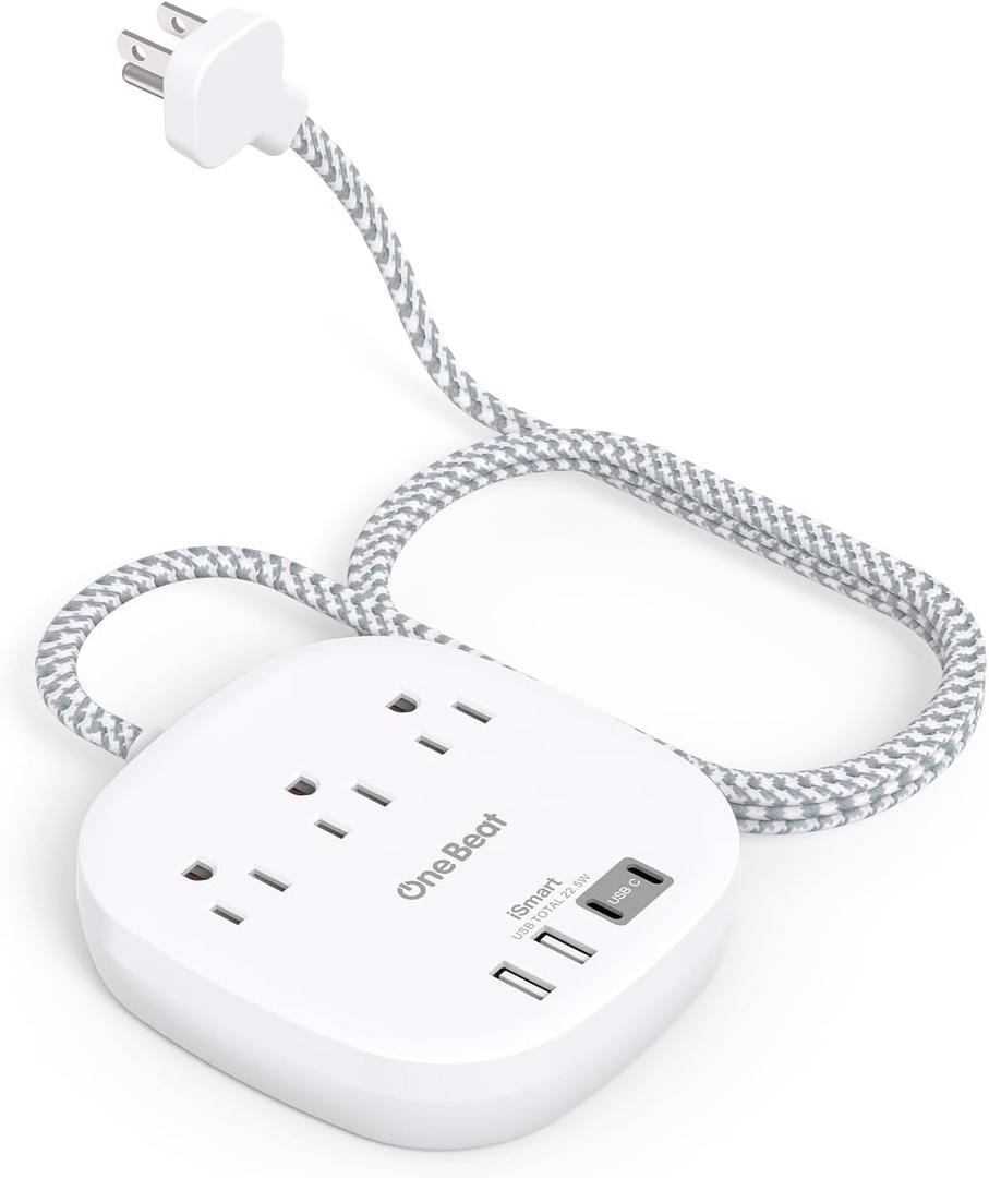 Flat Plug Power Strip, 6ft Flat Extension Cord - 3 Outlets 4 USB Ports (2 USB C) 22.5W/4.5A Desktop Charging Station, Power Strip with Surge Protection for College Dorm Room Travel Essentials
