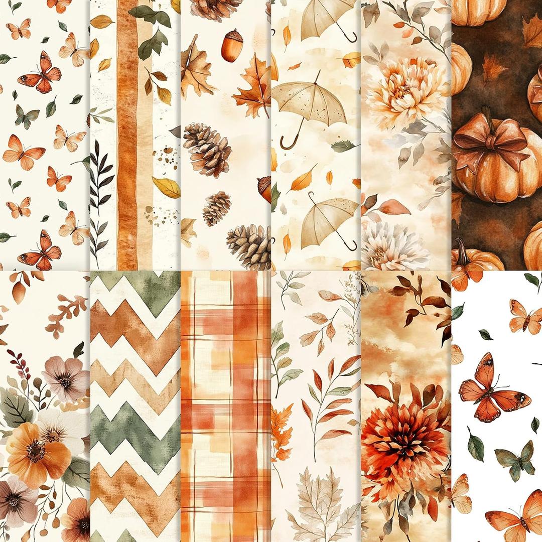 24 Sheets Fall Scrapbook Paper, Autumn Decorative Craft Paper Folded Flat for Fall Baby Shower Card Making Thanksgiving Photo Album Decor, 12'' x 12'' (A, 12 x 12 in)