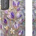 For Samsung Galaxy S22, Stained Glass Purple Floral Dual-Layer Hard Shell+Silicone Cover-Shockproof Protective Phone Case for Women Girls