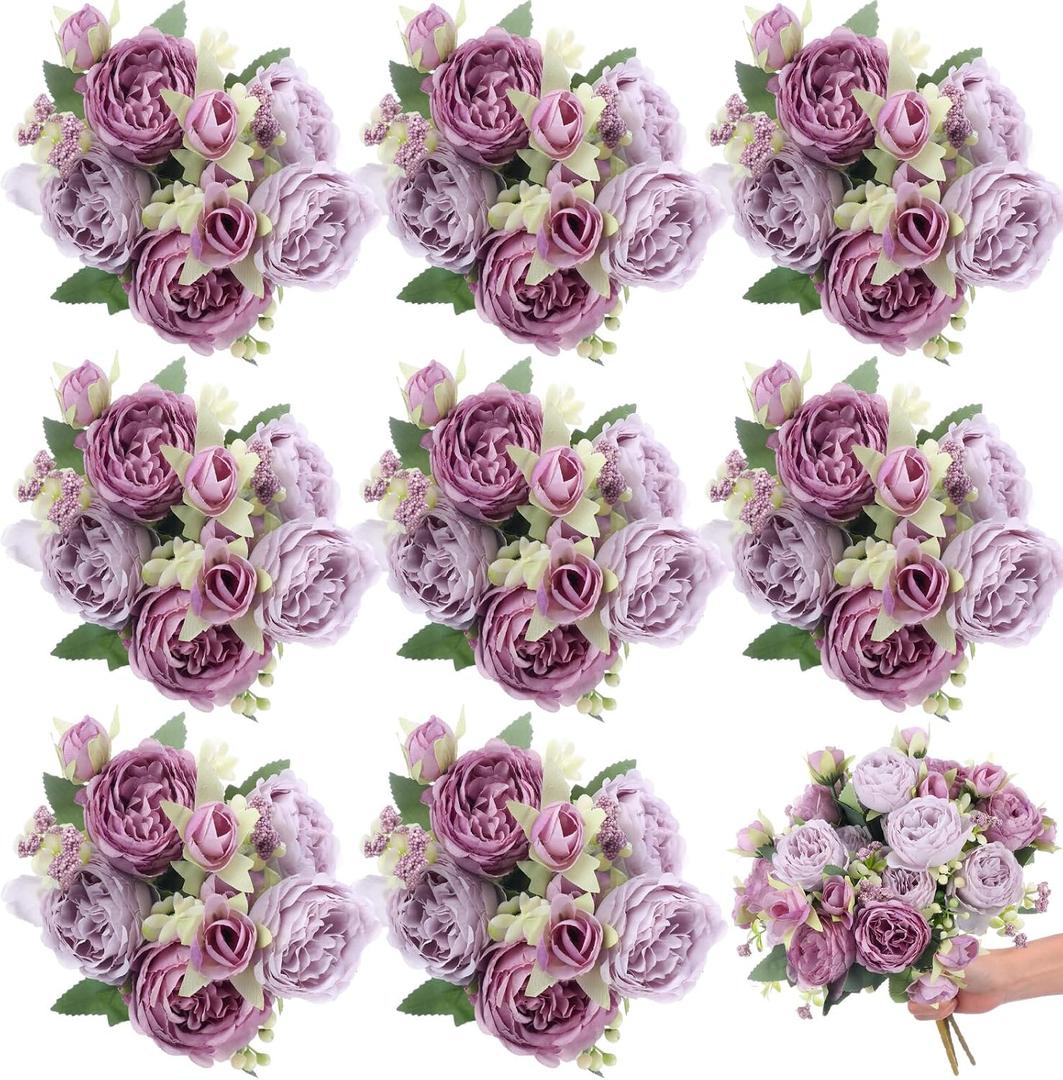 8 Bundles Artificial Peonies Flowers Boho Faux Flowers Arrangements Artificial Centerpiece Spring Bouquet Floral Wedding Decoration for Vase (Purple)