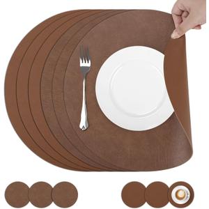 comfoyar Faux Leather Round Placemats with Coasters Set of 6, 13x13 Inch Non-Slip Heat Resistant Dual-Sided Brown Place Mats, Waterproof Table Mats for Kitchen Dining Party Table Decoration