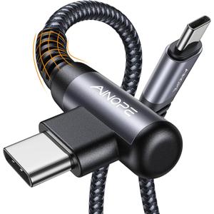AINOPE USB C Cable 60W 2-Pack 6.6ft Nylon Braided USB C to USB C Cable Type C Charger Fast Charging Right Angle USBC Cable Charger Cord for iPhone 16 Pro Max 15 Plus Samsung S24 S23 iPad Space Gray
