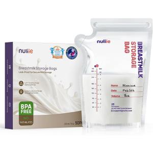 Nuliie 50 Pcs Breastmilk Storage Bags, 8 OZ Breast Milk Storing Bags, BPA-Free, Milk Storage Bags with Pour Spout for Breastfeeding, Self-Standing Bag, Space Saving Flat Profile