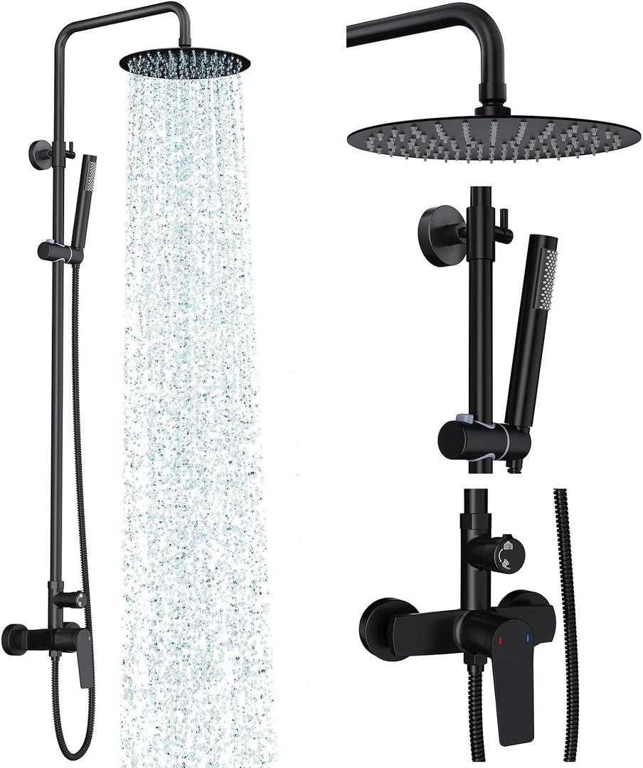 Rainsworth Outdoor Shower Kit, Single Handle Brass Valve, 10 Inch, Black
