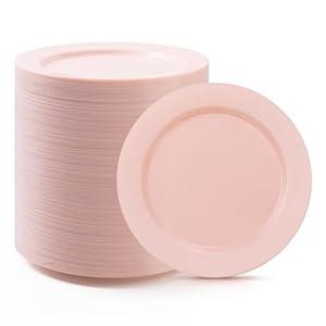 Bestluck 100PCS Pink Plastic Dinner Plates 10inch, Premium Hard Disposable Plates for Party, Wedding
