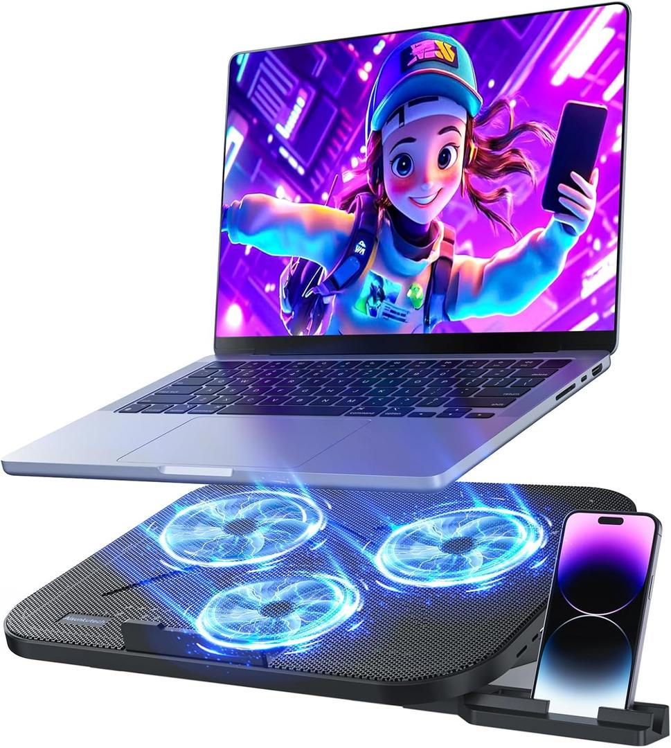 Laptop Cooling Pad with 3 Quiet Fans, 5-Level Height Adjustable Ergonomic Stand, 2 USB Ports & Phone Holder, Fits 12-17 Inch Laptops, Family-Friendly for Gaming/Work/Online Class,