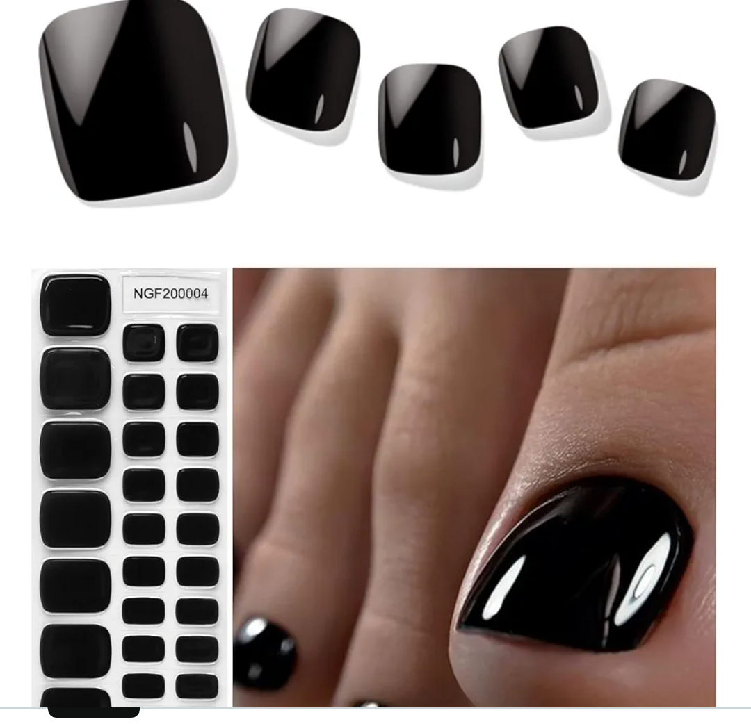 Gel Toenail Wraps Strips, Black Toenail Stickers Pedicure Strips Long Lasting Salon Quality Nail Wraps with Nail File & Wood Stick(UV/LED Lamp Required