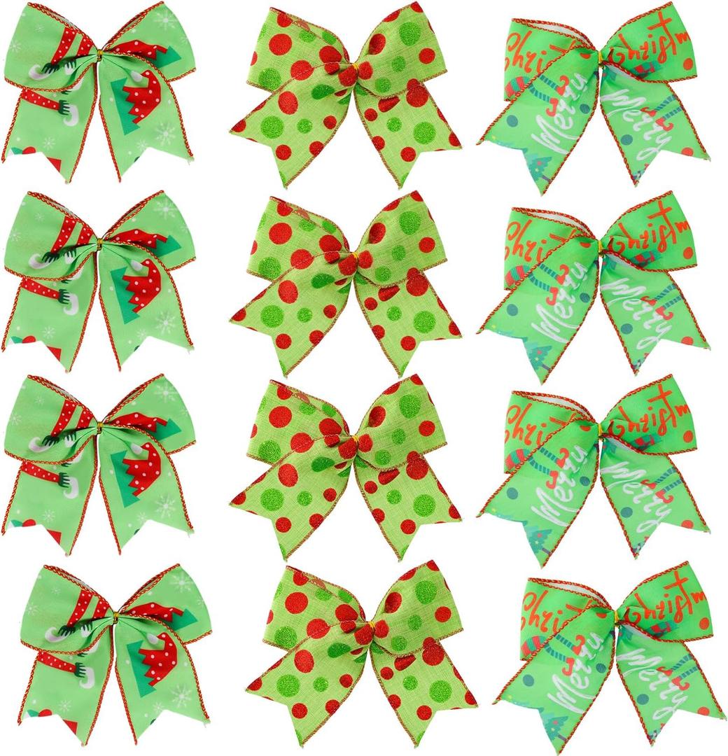 12 Pcs Green Christmas Tree Bows, 5 Inch Red Green Dots Bow for Christmas Tree Topper, Ornaments for Tree Home Coquette Room Birthday Party Front Door Wedding Holiday Decor