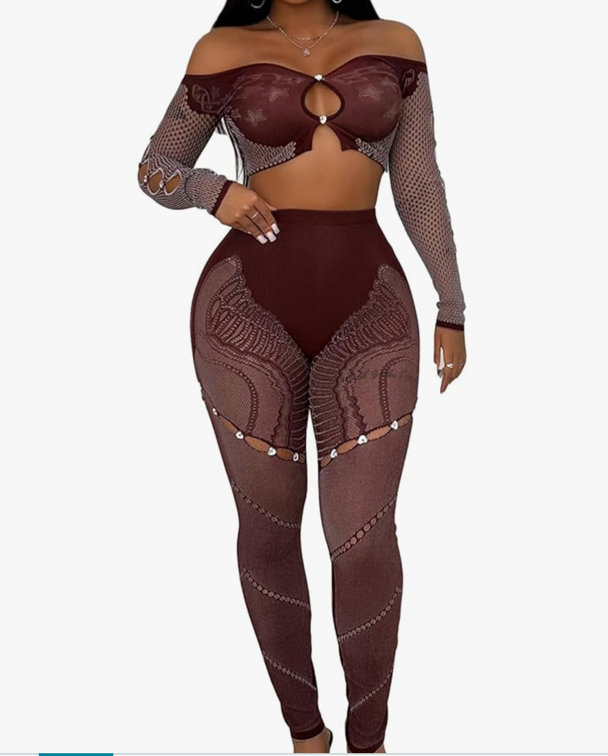 Qikaka Women's 2 PCS Mesh Rhinestones Embroidered Crop Tops Bodycon Pants Sexy Nightclub Party Tracksuit Outfit Set L