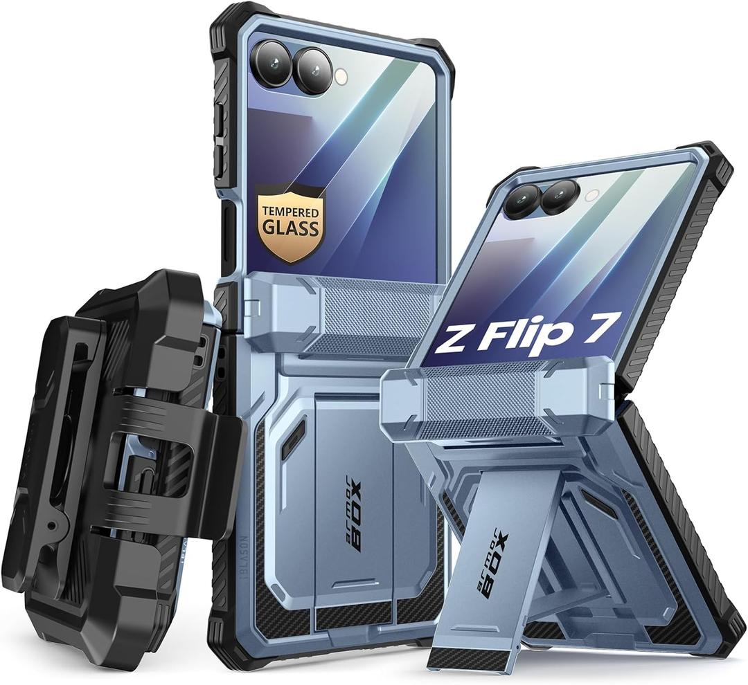 i-Blason for Samsung Galaxy Z Flip 7 Case with Stand, [Tempered Glass Screen Protector] [Hinge Protection] [Belt-Clip], Full-Body Military Protection Phone Case for Samsung Z Flip 7, Armorbox, Blue
