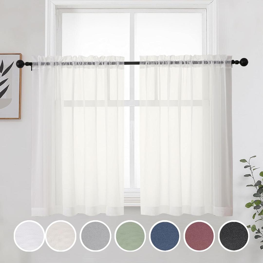 OWENIE Short Sheer Curtains 36 Inches 2 Panels Set - Kitchen Tiers Valances Curtains Light Filter Rod Pocket Voile Cafe Curtains for Kitchen Bathroom Small Half Window, 42 in W x 36 in L, Ivory