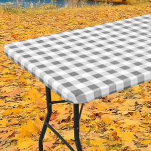 Smiry Rectangle Picnic Table Cloth, Elastic Waterproof Fitted Vinyl Tablecloths, Flannel Backed Buffalo Plaid Table Covers for Dining, Camping, Outdoor (White and Grey, 36" x 60")