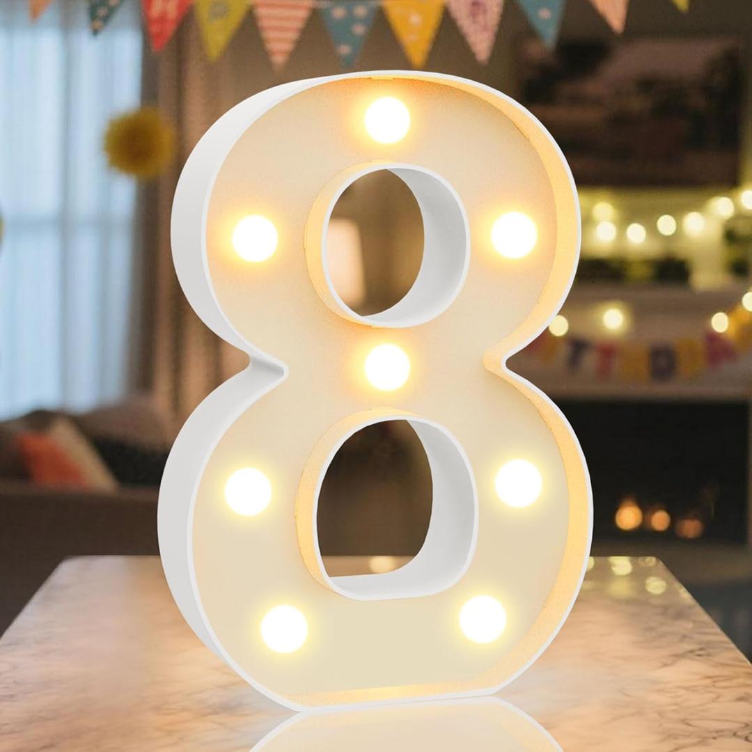 LED Marquee Light Up Numbers Sign - Lighted Birthday Numbers Sign for Birthday Party Decoration, Bar Wall, Home, Table Room, Wedding and Christmas Decorations, Number 8