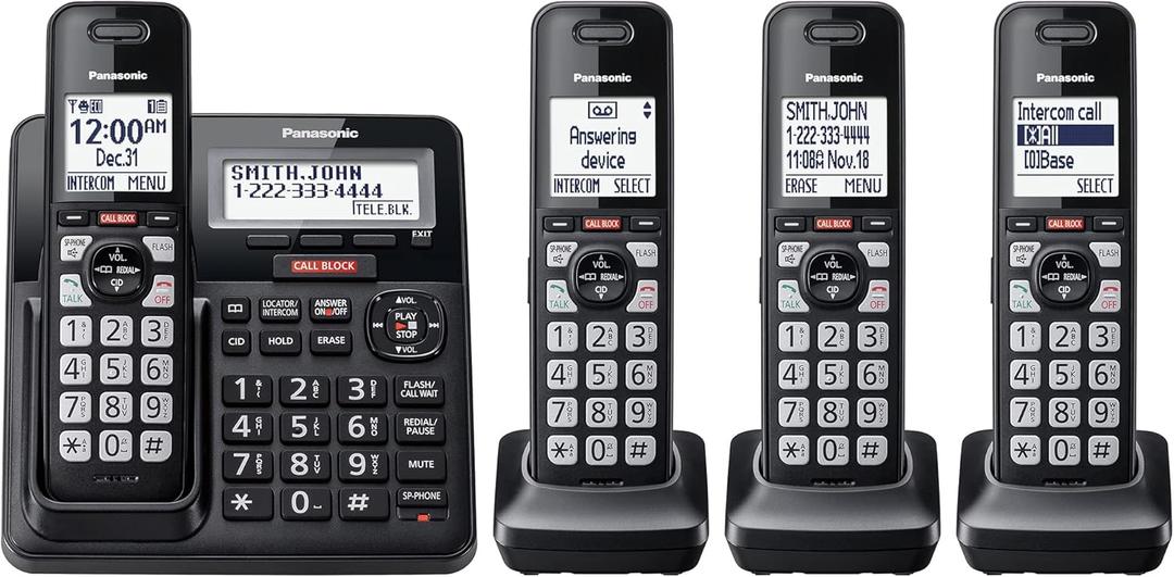 Panasonic Cordless Phone with Advanced Call Block, Link2Cell Bluetooth, One-Ring Scam Alert, and 2-Way Recording, Answering Machine, 4 Handsets - KX-TGF944B (Black)