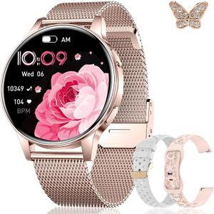 Smart Watch for Women, 1.27" HD Touchscreen Smartwatch with Bluetooth Call & Text Notification, 130+ Sport Modes, IP68 Waterproof Fitness Tracker with Heart Rate/Sleep Monitor, 3 Bands