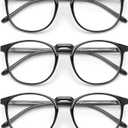 3 Pack Blue Light Blocking Glasses Women/ Men, Round Fashion Retro Frame, Vintage Fake Eyeglasses with Clear Lens (Black x3)
