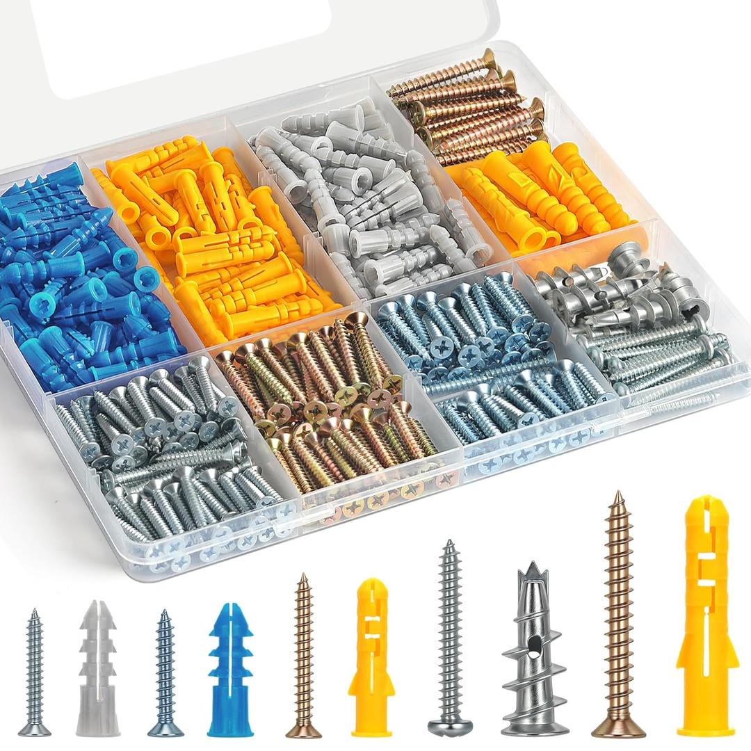 Drywall Anchors and Screws Assortment Kit 286PCS, 143 Plastic & Zinc Dry Wall Anchors and 143 Philips Flat Head Screws, 5 Sizes Short and Long for Hanging Picture,Curtain Rod