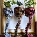 Skull Planter & Spine Stand, Resin Skeleton Flower Pot, Gothic Spooky Halloween Home Decor, Horror Skull Decor, Candy Bowl, Halloween Decorations for Home Office Indoor Outdoor Decor