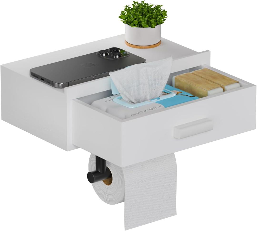 Toilet Paper Holder with Shelf,Wall Mount/Self Adhesive White Toilet Paper Holder,Wipes Dispenser for Bathroom,Wood Toilet Roll Holder with Storage Drawer
