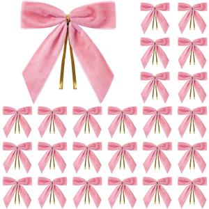 24 Pcs Pink Small Velvet Christmas Bows for Christmas Tree, Wreath, Gift Wrapping, Crafts, Wedding, Party, Twist Tie Bows for Treat Bag Bakery Candy Bags, Home Decor 1" W,3.5 x 3.5 inch