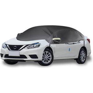 Bilisin Half Car Cover for Sedan, Outdoor Heavy Duty 250D Fabric Sun Protection Cover Car Windshield Snow Covers, Waterproof Car Cover All Weather Universal Fit for Most Sedan CarBlack