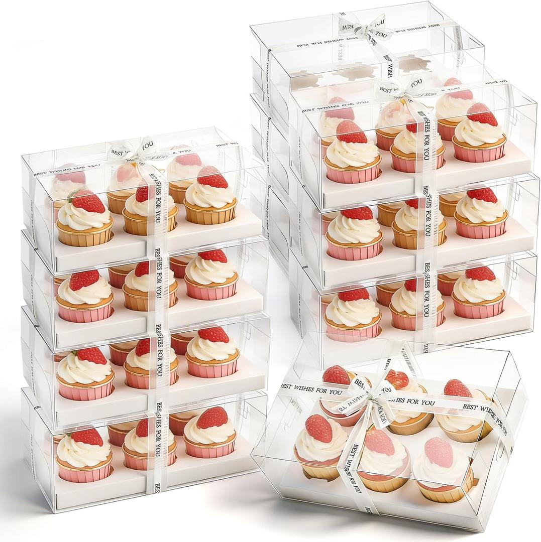 Cedilis 15 Pack Clear Cupcake Boxes, 6 Count Cupcake Containers with Gift Ribbon, Plastic Cupcake Carrier Holder for Treat Dessert Cookies Muffins Pastry Baby Shower Party