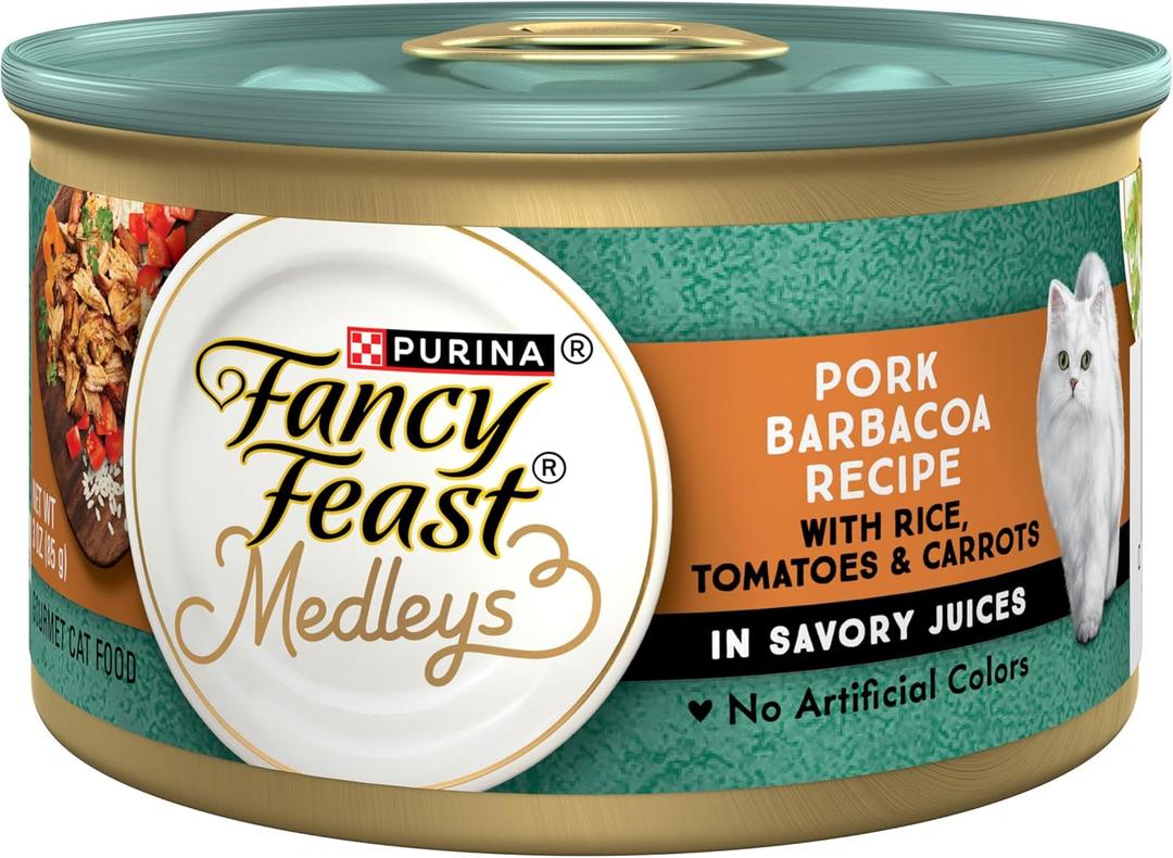 Purina Fancy Feast Medleys Wet Food For Cats Pork Barbacoa With Rice, Tomatoes and Carrots in Savory Juices - (Pack of 24) 3 oz. Cans, Best By OCT 2026
