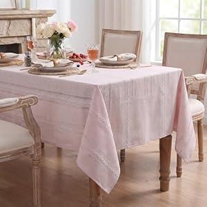 Horaldaily Pink Cotton Blend Tablecloth 60×84 Inch Rectangular, Farmhouse Style, Wrinkle Resistant Washable Table Cloth, Hemstitched Embroidery Table Cover for Home