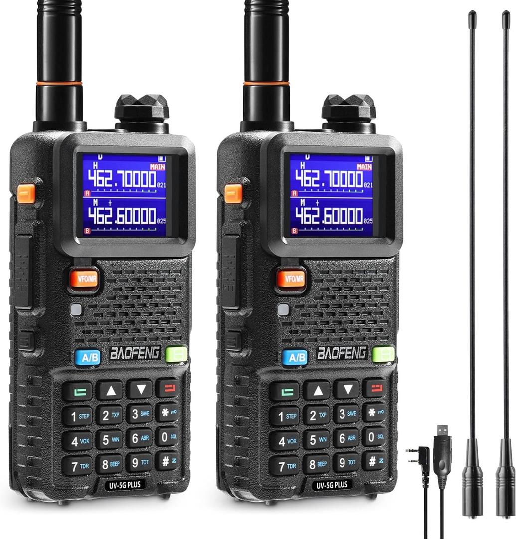 [Chirp Compatible] BAOFENG UV-5G Plus GMRS Handheld Radio, Long Range Rechargeable 5W Two Way Radio, 999 Channels, with NOAA Weather Receiving, 2500mAh Battery USB-C Port, 8" & 15.5" Antennas, 2 Pack