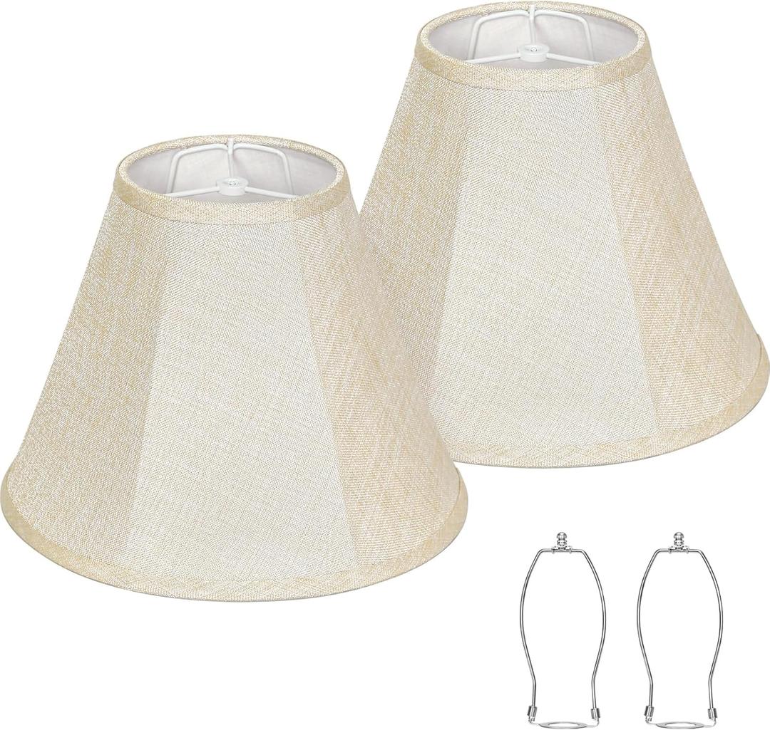 Lamp Shades Set of 2, Champagne Beige Bell Lamp Shades 6" x 13" x 10"High, Medium Shade Replacement Fabric Natural Linen Hand Crafted(Spider Fitter), Harp Holders Included, Easy Assembly Required