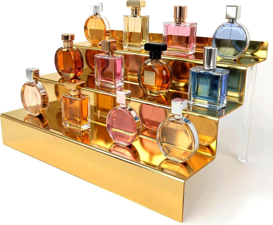 YMVV 12 IN Mirror Gold Acrylic 3 Tier Display Riser Perfume Organizer, Perfume Cologne Organizer Holder, Pops Toy Figures, Clear Cupcake Riser, Dessert Shelf