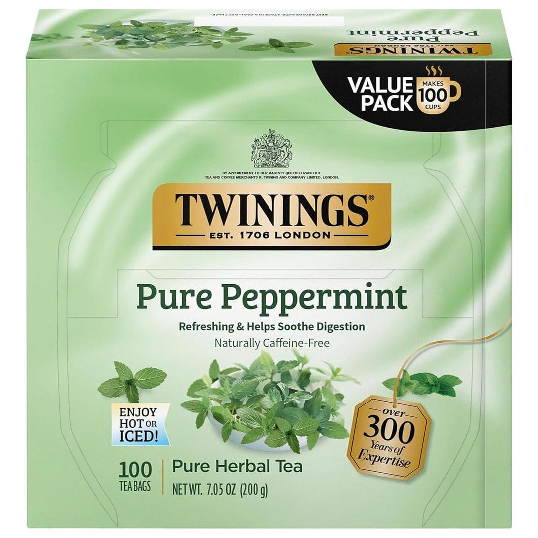 Twinings Pure Peppermint Herbal Tea Individually Wrapped Bags, 100 Count (Pack of 1), Fresh Minty Flavour, Naturally Caffeine-Free, Enjoy Hot or Iced, 100 Teabags (EXP 04/08/29)