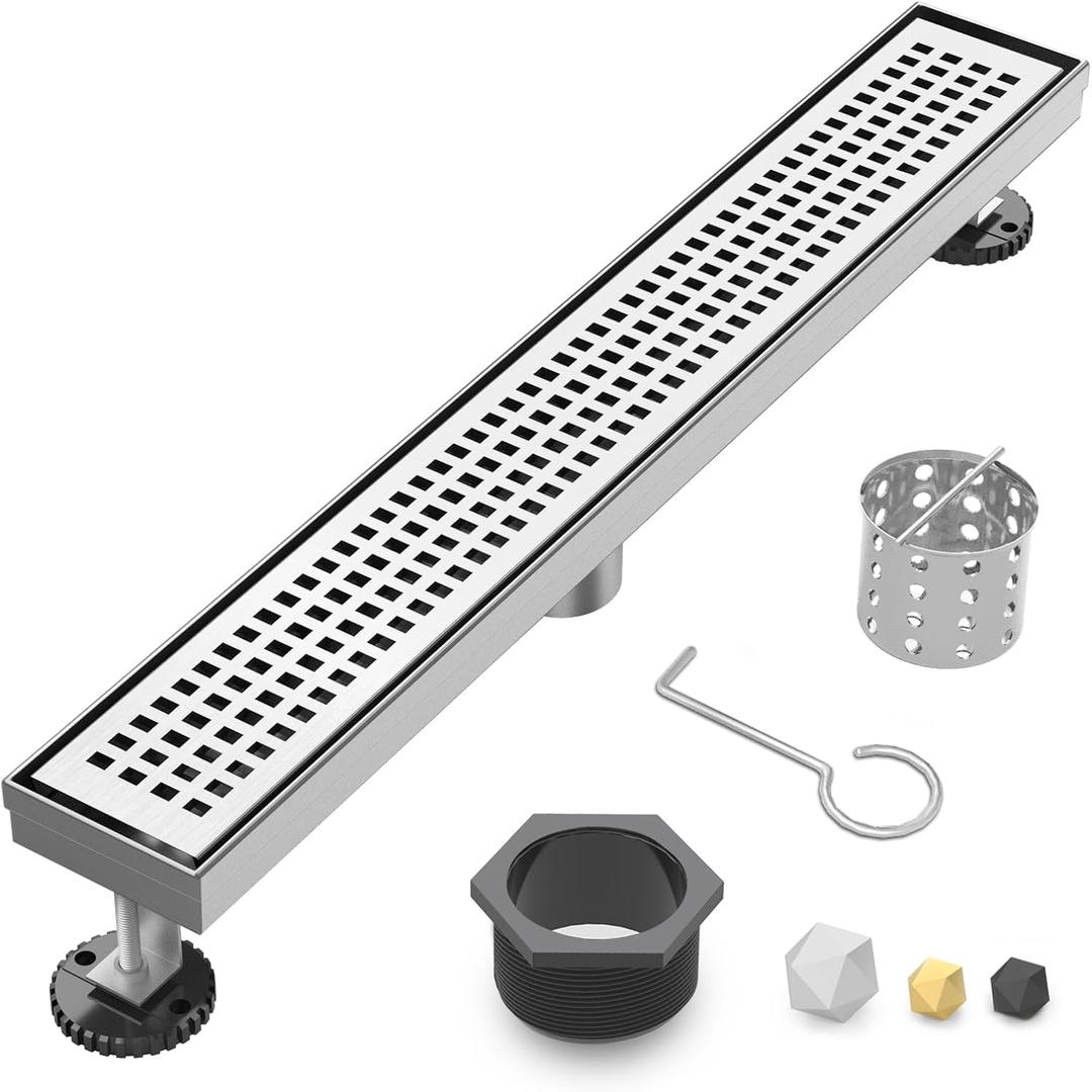 32 Inch Linear Shower Drain - Brushed Nickel, with Removable Grate