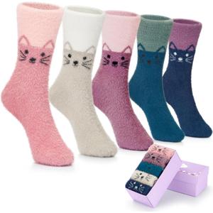 5 Pairs Fuzzy Soft Cozy Comfortable Socks for Women, Casual Sleep Comfy Socks, Perfect Warm Winter Gifts for Women (Cat Pattern)