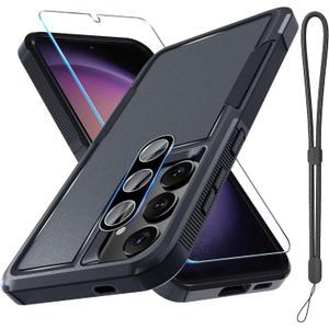 RMOCR Case for Samsung Galaxy S25, Full Body Heavy Duty Rugged Shockproof Protective Phone Cover with Lanyard Strap, Tempered Glass Screen Protector and Camera Lens Cover, Black Matte