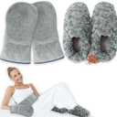 Microwavable Hand Warmers Gloves & Microwavable Slippers Set, Moist Heat Therapy for Hand & Foot,Microwave Heating Gloves & Microwave Feet Warmers for Bed, Washable Covers, Grey, L