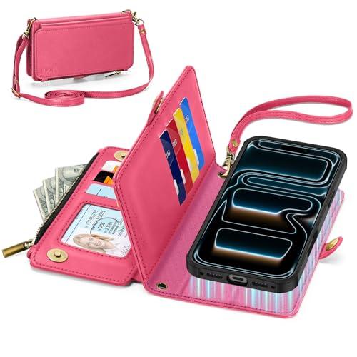 TUCCH Detachable Crossbody Case Wallet for iPhone 17 Pro Max 6.9", Wireless Charging | RFID Blocking 10 Card Holder | Lanyard Wrist Strap | Stand | Zipper Pocket | PU Leather Magnetic Cover | Hot Pink