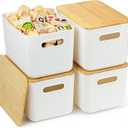 4 Packs Storage Bins with Bamboo Lids - Plastic Storage Containers with Lids Stackable Storage BoxStorages Baskets for Organizing Desktop Closet Playroom Classroom Office,White