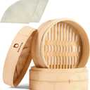 Bamboo Steamer - 2-Tier 10 Inch for Cooking Dim Sum, Momo, Rice - Chinese Basket for Bao Bun, Dumplings - Japanese Steaming